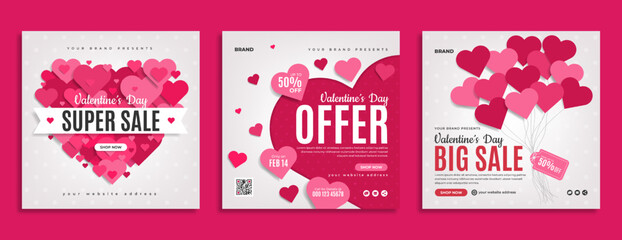 Wall Mural - valentine's day sale promotion social media banner post template. business marketing flyer with hear