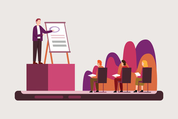 Business coach speaking in front of audience 2d vector illustration concept for banner, website, illustration, landing page, flyer, etc