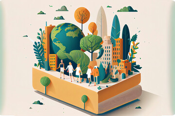 Wall Mural - World environment day concept, sponge with people and city, paper arts and crafts