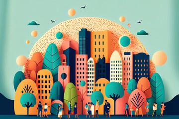 Wall Mural - World environment day concept, sponge with people and city, paper arts and crafts