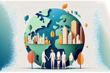 Wall Mural - World environment day concept, sponge with people and city, paper arts and crafts