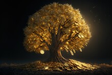 Golden Gold Coin Tree Has Coins As Leaves That Fall On Ground, Idea For Limitless Income, Wealth And Prosperity, Rich And Successful Business Growth