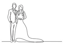 Continuous Line Drawing Happy Groom Bride Standing At Wedding - PNG Image With Transparent Background