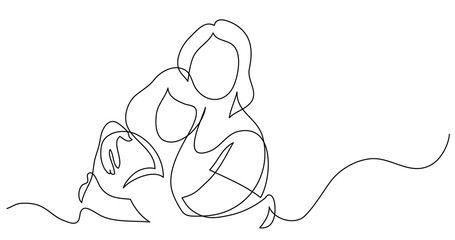 Wall Mural - continuous line drawing of mother and daughter hugging each other - png image with transparent backg