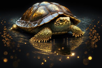 Wall Mural -  illustration of golden turtle under water with light shine through water surface with golden coin on floor