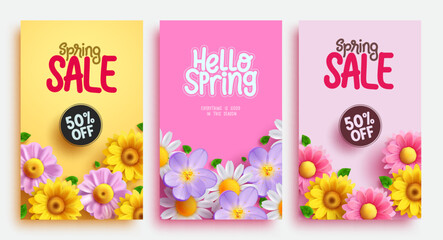Wall Mural - Spring sale text vector banner set design. Hello spring greeting card and season promotion discount flyers lay out collection for seasonal background. Vector Illustration. 