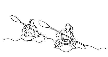 Sticker - continuous line drawing of happy couple kayaking on lake - PNG image with transparent background