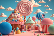 3D Render, Fantasy Colorful Candyland Background With Cupcake, Candies, Ice Cream, Clouds.