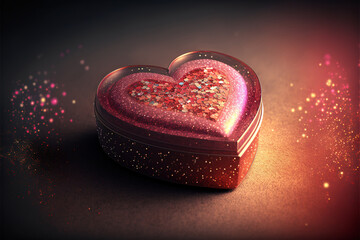 Wall Mural - 3D Render, Shiny Red Glittery Heart Shape Metal Box On Sparkle Lights Background. Valentine's Day Concept.