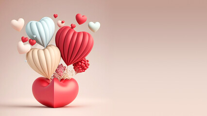 Canvas Print - 3D Rendering, Pastel Soft Color Heart Shape Balloons With Realistic Bean Bag.