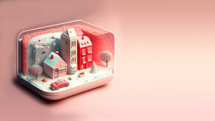 Canvas Print - 3D Render, Winter Miniature Diorama Frame With Residential Buildings Landscape, Exterior Snowfall.