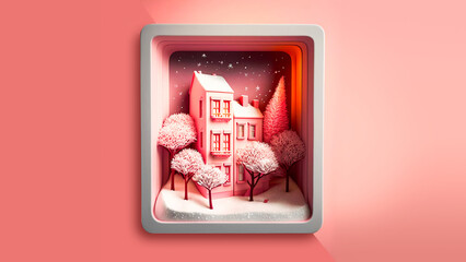 Wall Mural - 3D Render of Decorative Winter Diorama Square Frame With Residential Structure, Trees, Snow Falling.