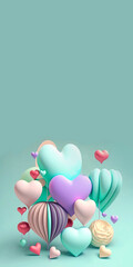 Canvas Print - Colourful Heart Shape Balloons and Podium, Clay Model, 3D Render. Happy Valentines Day Banner with Text Space.