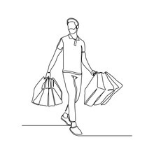 Continuous Singe One Line Drawing Art Of Happiness Man Holding Paper Shopping Bags. Vector Illustration Of Shopper Big Sale Consumerism Concept