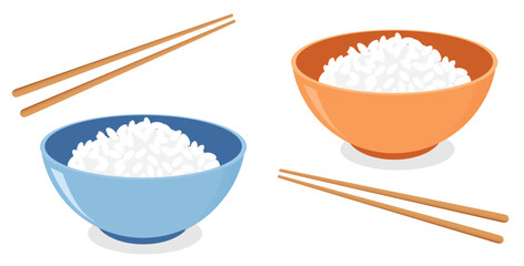 Rice bowls with chopsticks on white background. Cute food icon sign vector illustration.