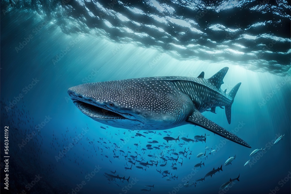 a whale swimming in the ocean with a lot of fish around it's neck and ...
