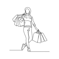 Continuous singe one line drawing art of happiness woman holding paper shopping bags. Vector illustration of shopper big sale consumerism concept