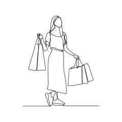 Wall Mural - Continuous singe one line drawing art of happiness woman holding paper shopping bags. Vector illustration of shopper big sale consumerism concept