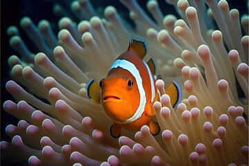 Wall Mural -  an orange clownfish in an anemone with white tentacles and a blue eye looking at the camera, with a black background and white corals and corals in the foreground. Generative AI