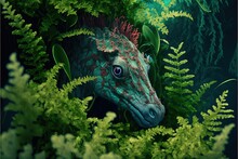  A Painting Of A Sea Horse Hiding In The Bushes With Ferns Around It's Sides And Eyes Open, With A Green Background Of Leaves And A Green Area With A Red And A Black.
