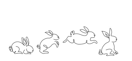 Wall Mural - Running, jumping rabbit, bunny, hare. Vector one continuous line art illustrations set. Rabbit in jump
