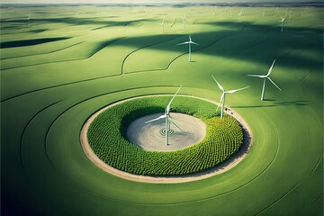 Poster -  a green field with a circle of grass and wind turbines in the background, with a circular of grass in the middle of the field, and a circular of the grass area with a.