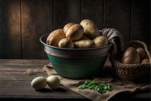  A Green Bowl Filled With Potatoes Next To A Basket Of Eggs On A Table Next To A Cloth And A Cloth Towel On A Wooden Table Cloth With A Wooden Background Behind It And A.