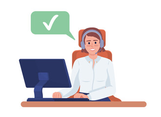 Poster - Smiling female call center assistant semi flat color vector character. Editable figure with checkmark. Full body person on white. Simple cartoon style illustration for web graphic design and animation