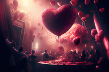 St. Valentine's Day Party With Rose Petals And Pink Balloons | Generative AI