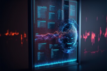 Poster - Holographic digital screen analysis by a data scientist. business man data science. Generative AI