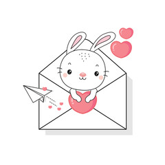 Wall Mural - Cute rabbit in an envelope with heart .Cartoon character design for Valentine's Day.