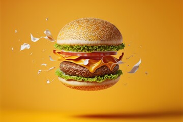  a hamburger with cheese and lettuce on it is flying through the air with a splash of milk on the side of it and a yellow background with white confetties flying.