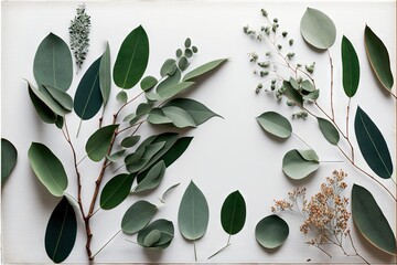 Sticker -  a white table topped with lots of green leaves and plants on top of it's sides and a white background with a gold frame around it that has a few green leaves and a few other.