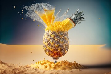 Wall Mural -  a pineapple is splashing into a glass of water on a desert landscape with sand and blue sky in the background, with a splash of water on the glass is a yellow and.