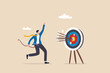 Success reaching goal or target, victory or winner, accuracy and achievement to hit target bullseye, efficiency or perfection concept, businessman archery shoot all his bows hitting bullseye target.