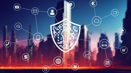 Aufkleber - Futuristic city and network security.