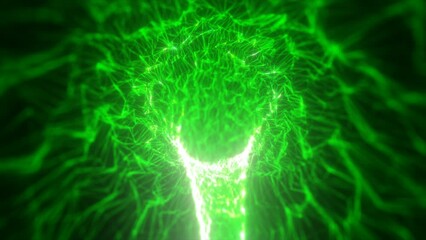 Poster - Abstract green tunnel swirling from lines and particles of triangles glowing futuristic hi-tech with a blur effect on a dark background. Abstract background. Video in high quality 4k, motion design