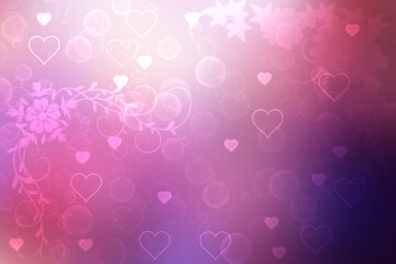Wall Mural - Abstract festive blur blue pink background with pink hearts love bokeh and flower for wedding card or Valentines day.  Romantic textured backdrop with space for your design. Card concept.
