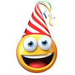 Celebration Emoji isolated on white background, emoticon with birthday cap 3d rendering