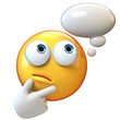 Thinking emoticon With thought bubble, emoticon with thumb and index finger on its chin next to thinking balloon 3d rendering
