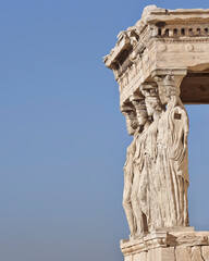 Poster - Caryatids, women figures statues at Erechtheion ancient Greek temple, on Acropolis hill. A cultural travel in Athens, Greece.