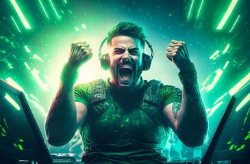 Wall Mural - Professional eSports gamer rejoices in the victory in green game room. Non-existent person in generative AI digital illustration.	