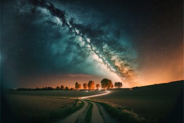 Starry sky, milky way, beautiful landscape, night time. Generative AI