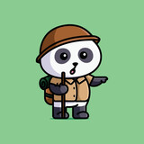 Fototapeta Pokój dzieciecy - Cute adventurer explorer panda with hat and backpacker cartoon illustration vector animal nature