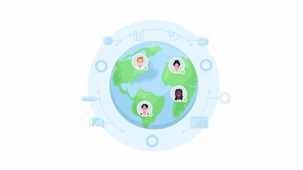 Poster - Animated managing global team. Collaboration. Looped flat 2D characters HD video footage. Colorful isolated animation on white background with alpha channel transparency for website, social media