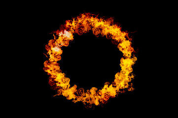 Wall Mural - orange flame circle frame on black background