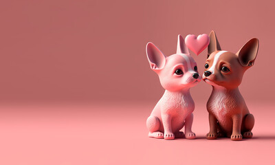 Wall Mural - Two cute dogs in love on pink empty background. Puppys celebrating Valentine’s Day. Pets close to eachother in cartoon style. Fictitious generative Ai