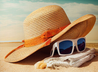 sandy beach with towel, hat and summer accessories. vacation and travel items..