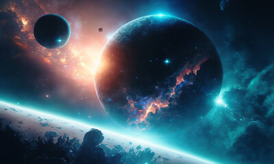 Wall Mural - Space planets background. Distant planetscape in cosmos with exoplanets. Concept art Generative ai