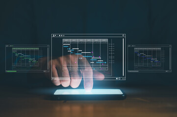 Leinwandbilder - Analyst working with computer in Business Analytics and Data Management System to make report with KPI and metrics connected to database. Corporate strategy for finance, operations, sales, marketing.